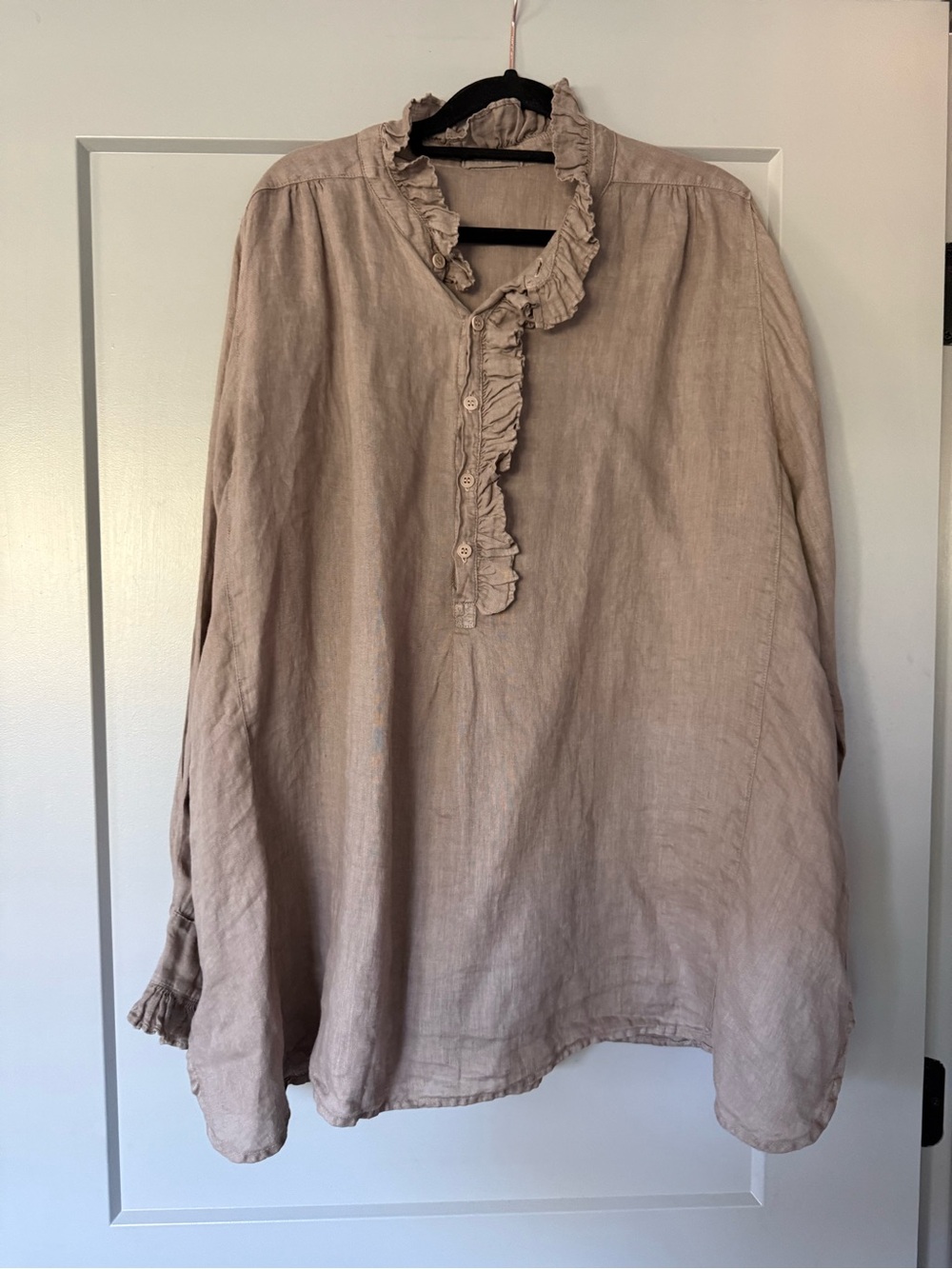 CP Shades Ruffle Henley A-Line Long Sleeve Linen Tunic Size Small Taupe